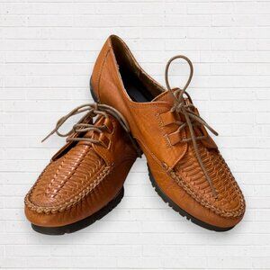 New HUSH PUPPIES Vintage 80s Leather Woven Tie Shoes Brown Women's 7.5 W Wide